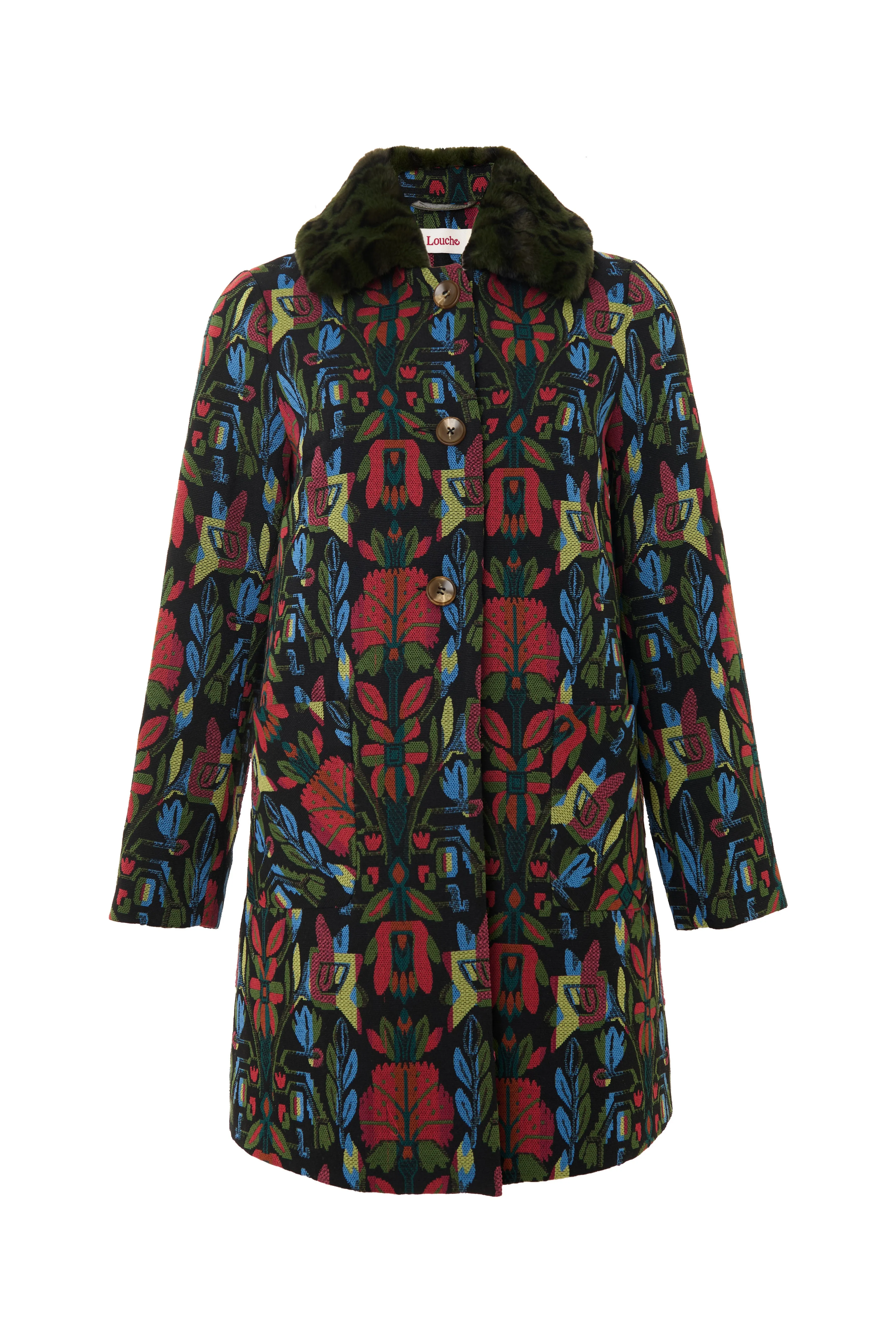 Dryden Folk Jacquard Faux Fur Collared Coat