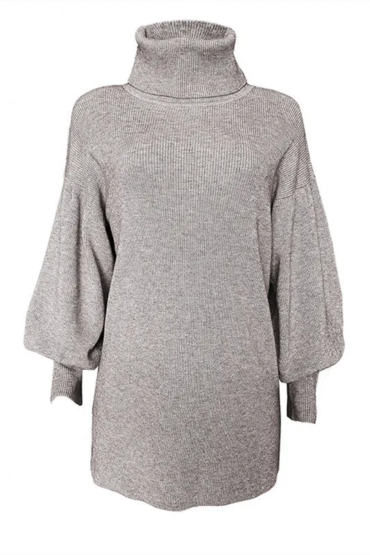 elveswallet Lantern Sleeve Bodycon Turtleneck Knit Sweater Dress