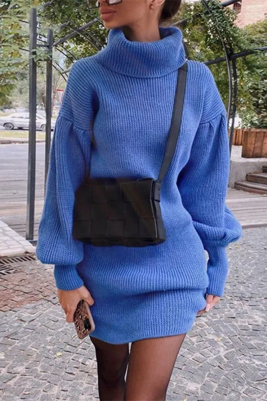 elveswallet Lantern Sleeve Bodycon Turtleneck Knit Sweater Dress