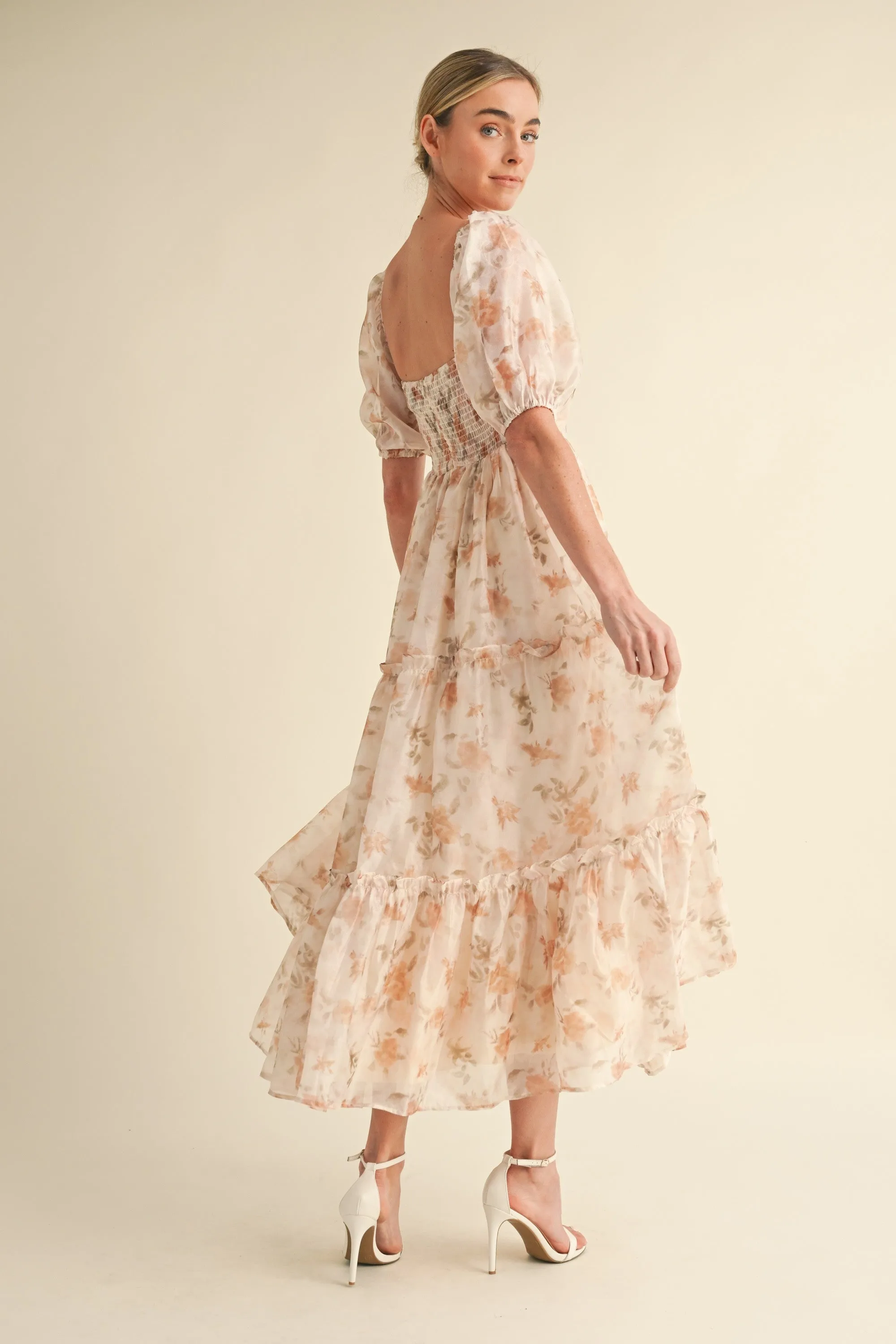 Elysse Sweetheart Puff Sleeve Floral Tier Dress: Amber