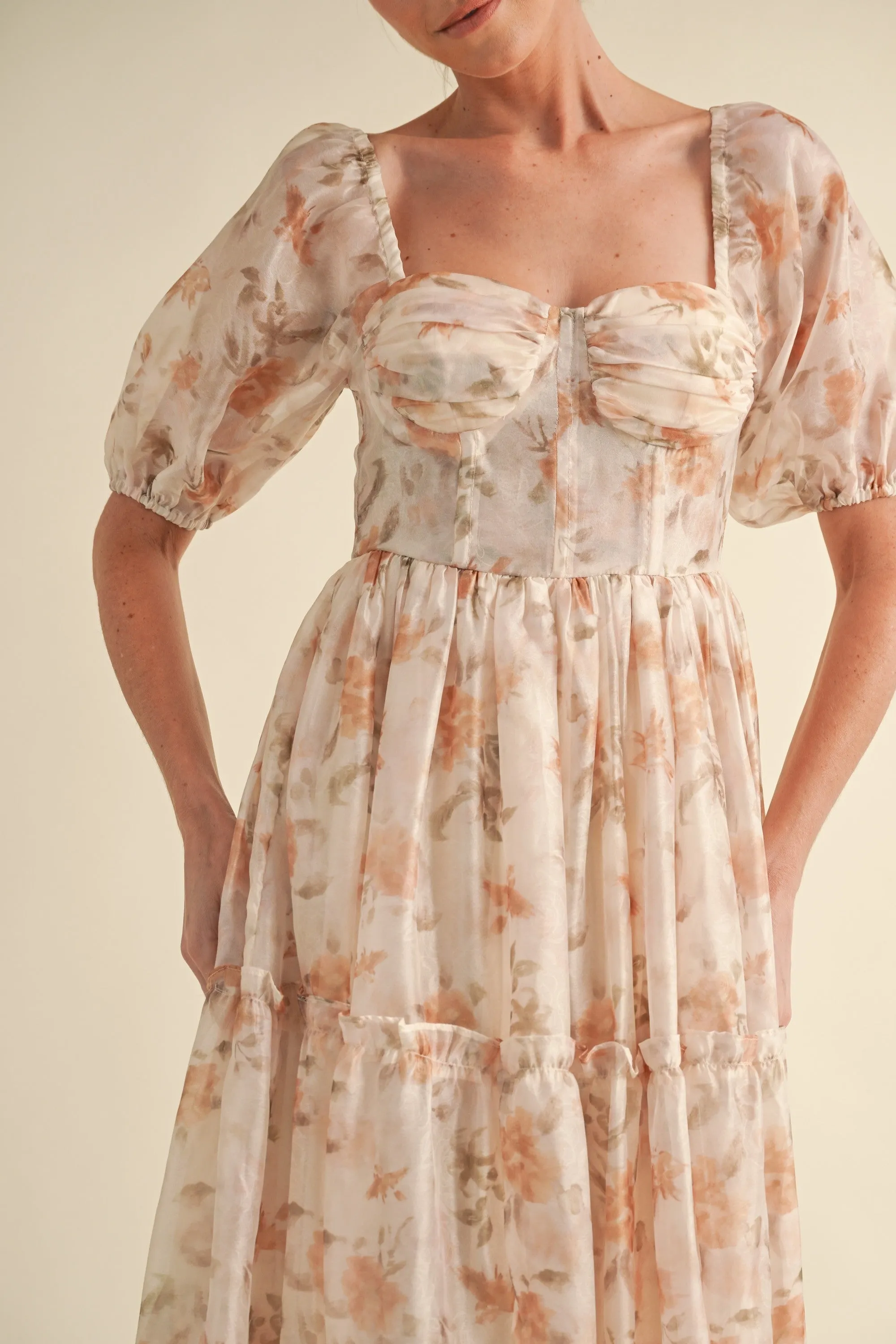 Elysse Sweetheart Puff Sleeve Floral Tier Dress: Amber