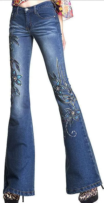 Embellished Floral Faded Denim Jeans