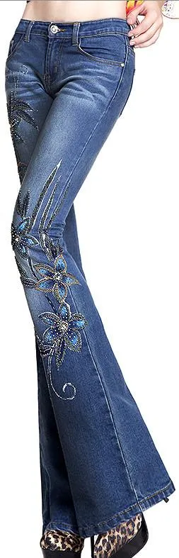 Embellished Floral Faded Denim Jeans