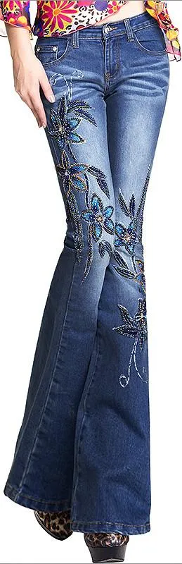 Embellished Floral Faded Denim Jeans