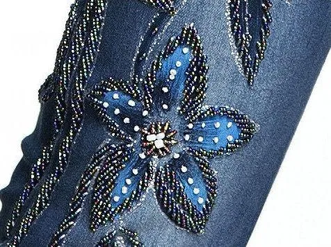 Embellished Floral Faded Denim Jeans