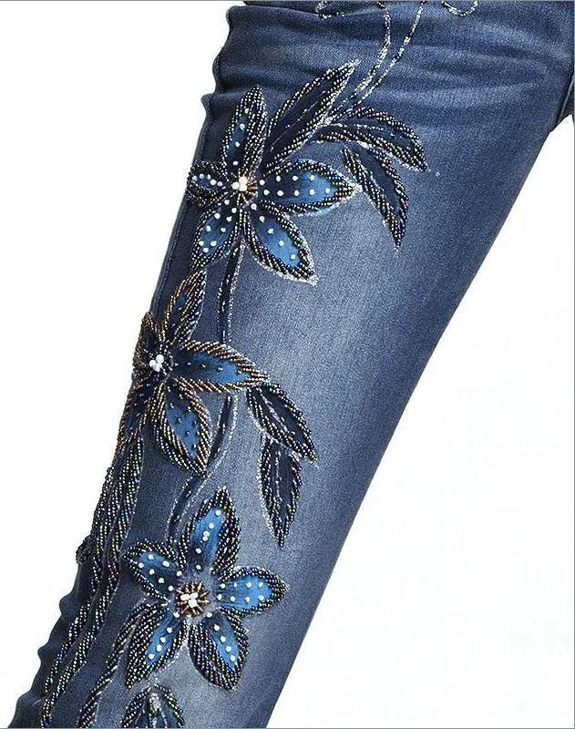 Embellished Floral Faded Denim Jeans