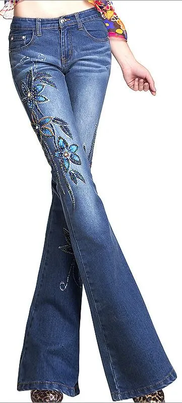 Embellished Floral Faded Denim Jeans