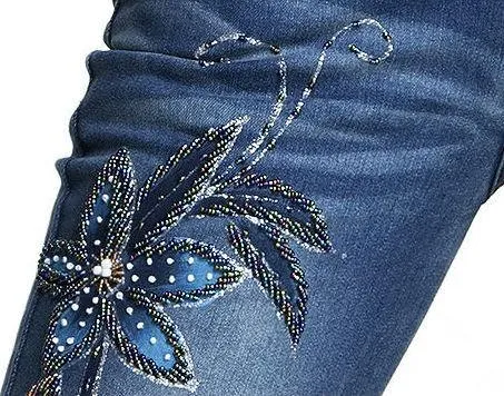 Embellished Floral Faded Denim Jeans