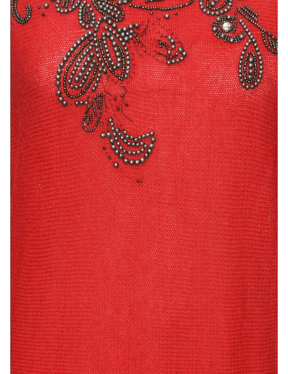 Embellished Red 1980s Jumper - S