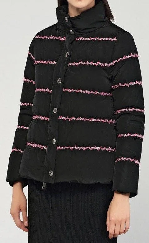 Embroidered-Trim Puffer Jacket, Black