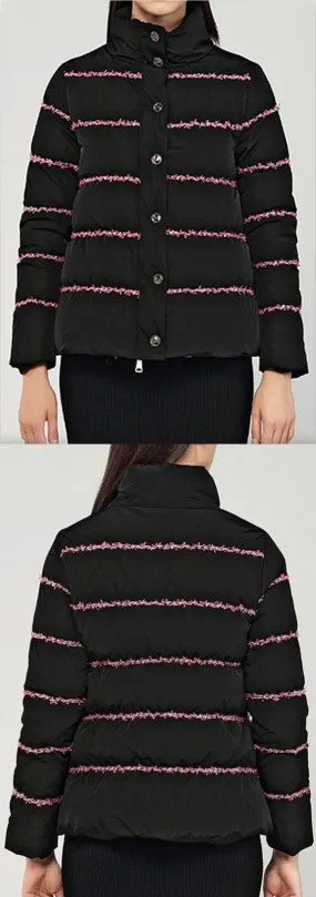 Embroidered-Trim Puffer Jacket, Black