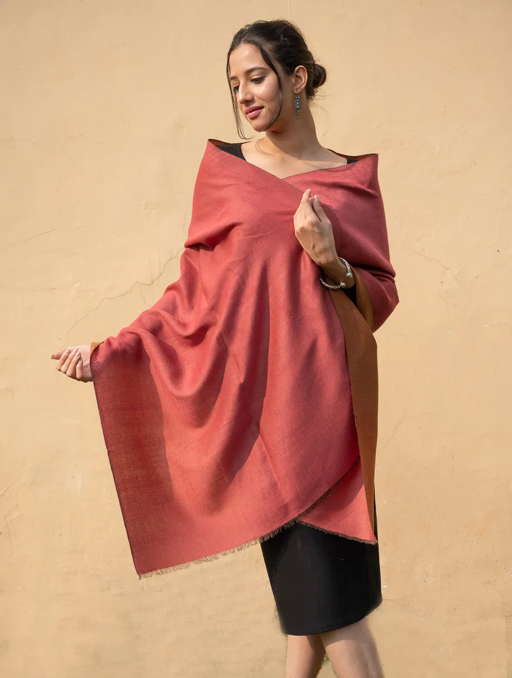 Exclusive Reversible Soft Kashmiri Wool Stole - Pale Orange & Dark Peach