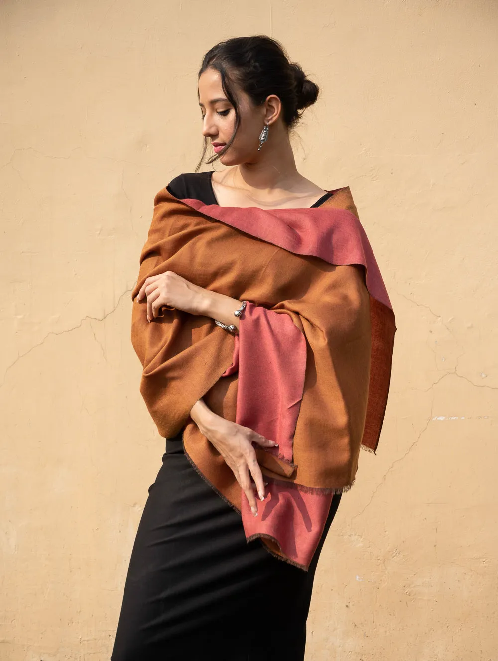 Exclusive Reversible Soft Kashmiri Wool Stole - Pale Orange & Dark Peach