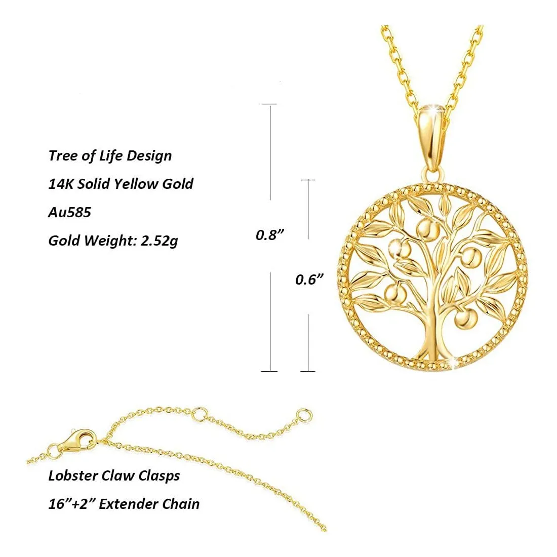 FANCIME Tree of Life 14K Solid Yellow Gold Necklace