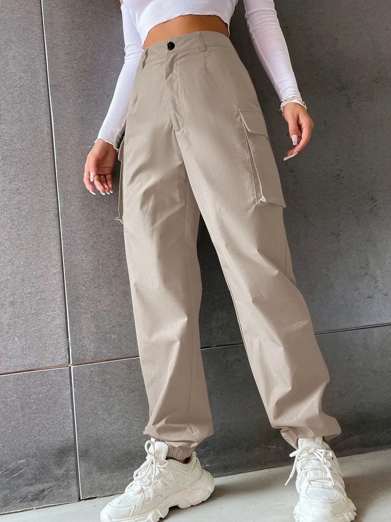 Flap Pocketed Pants In Solid Color