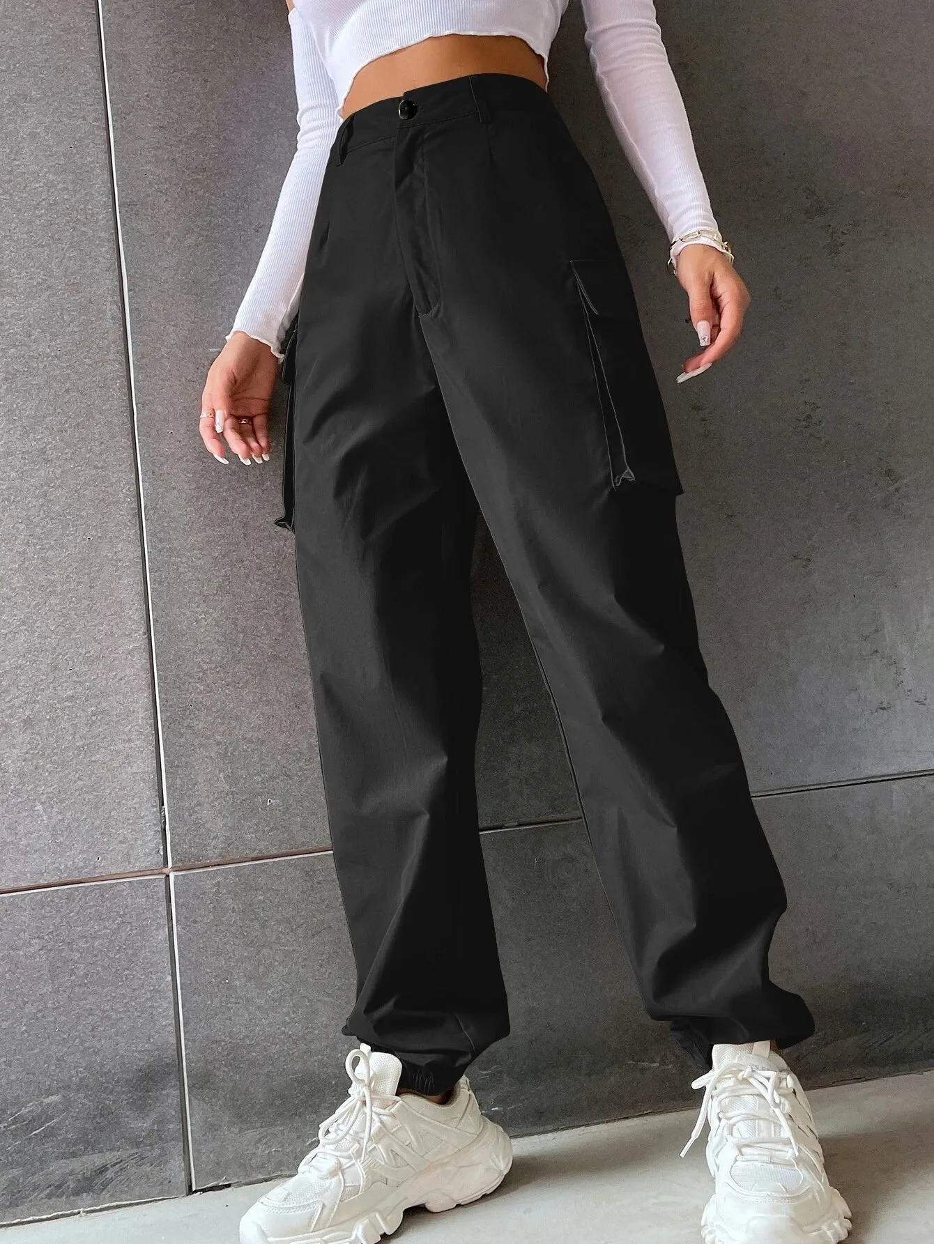 Flap Pocketed Pants In Solid Color