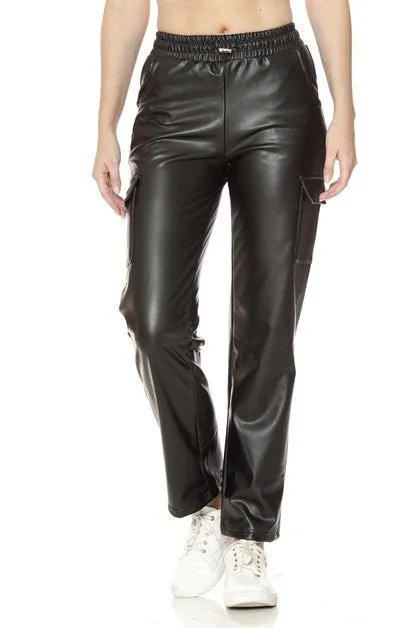 Fleece Faux Leather Cargo Pants