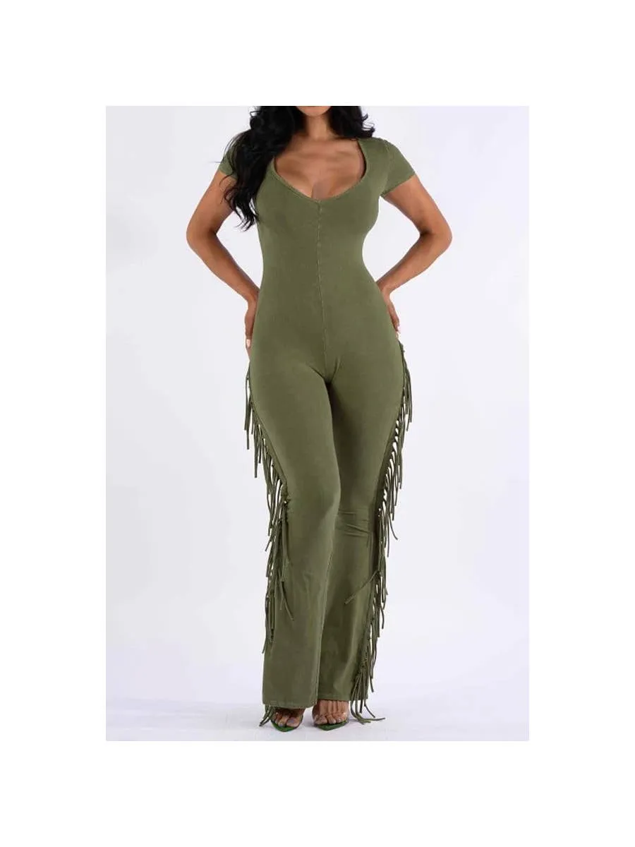 Free Spirited Fringe Jumpsuit (Olive)