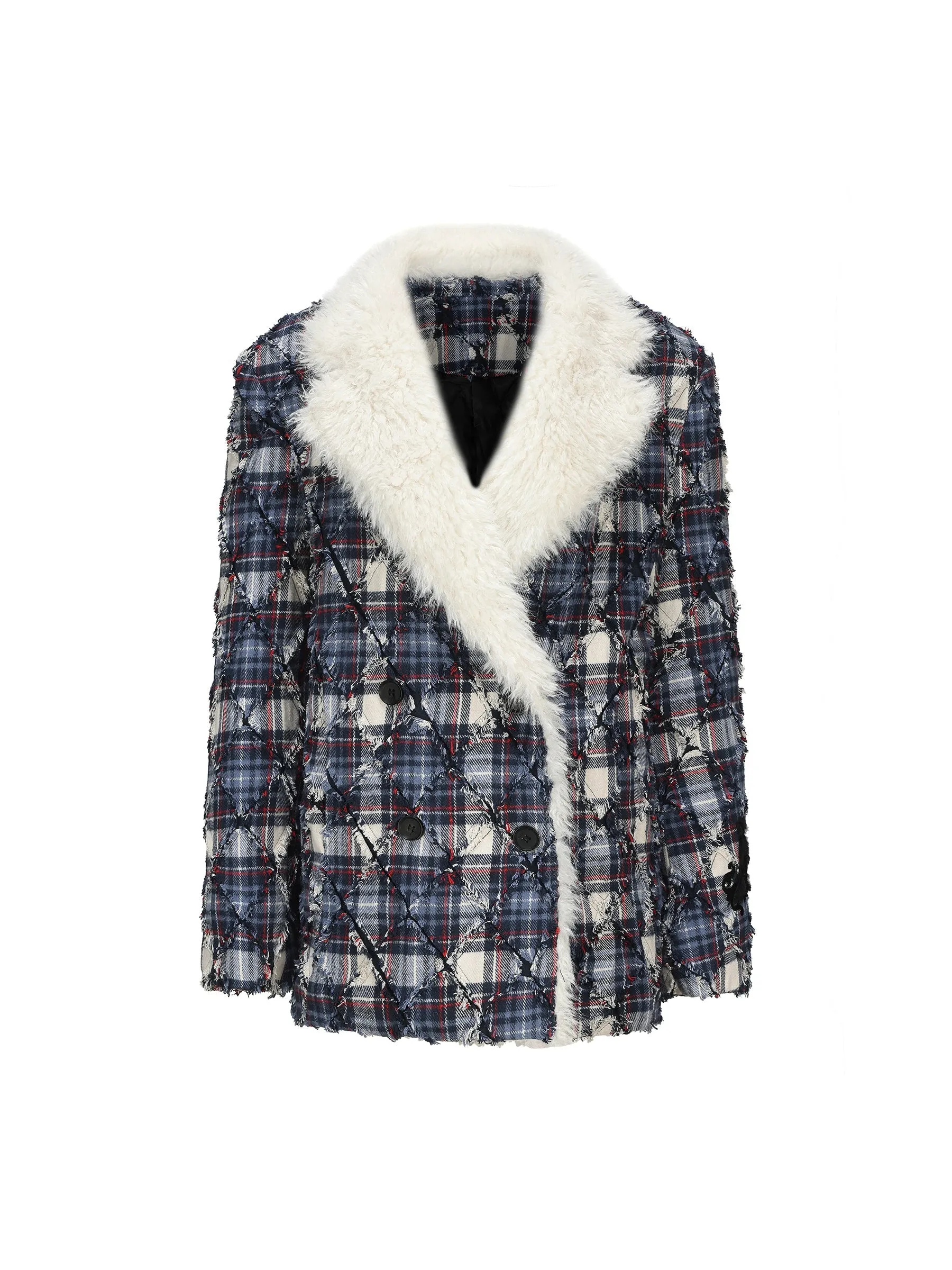 Fur Collar Plaid Fringe Coat