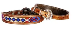 Genuine leather dog collar beaded inlay with red, white, and blue beaded inlay design and copper hardware.