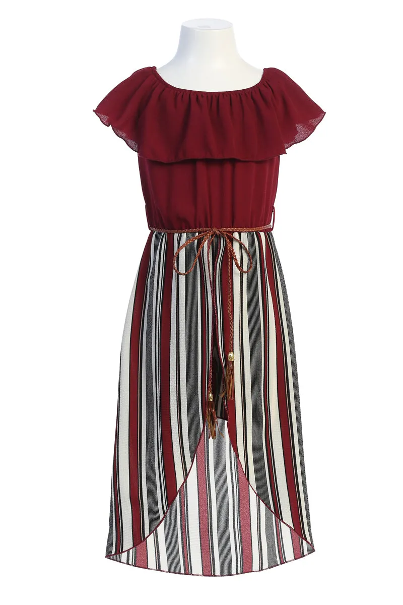 Girls Off-Shoulder Drawstring Striped Jumpsuit Dress 4-14