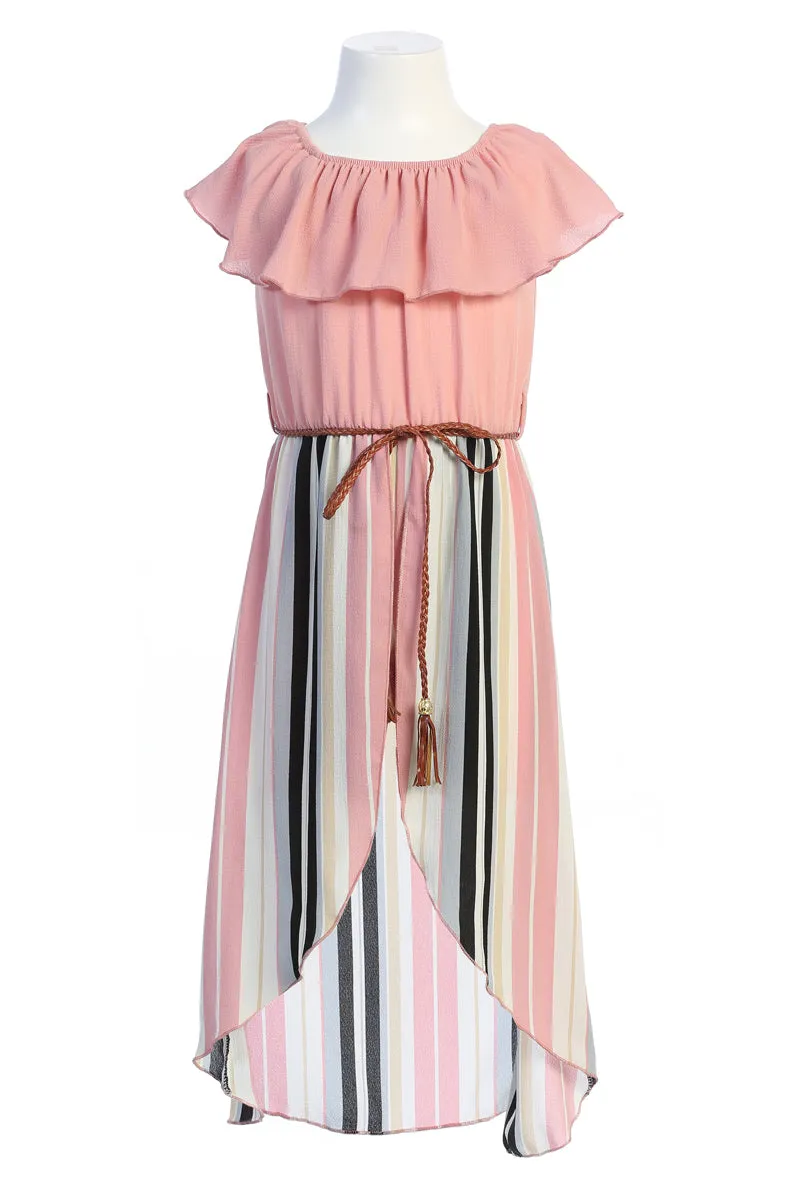 Girls Off-Shoulder Drawstring Striped Jumpsuit Dress 4-14