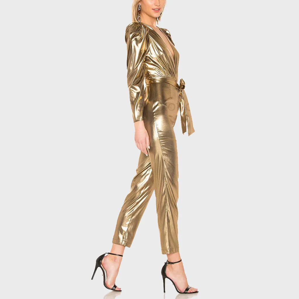 Gold Metallic Faux Leather Christmas Jumpsuit