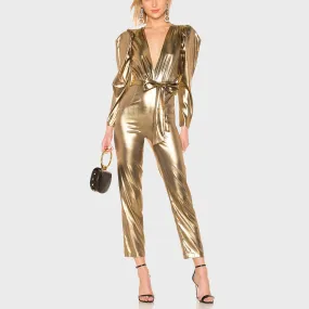 Gold Metallic Faux Leather Christmas Jumpsuit