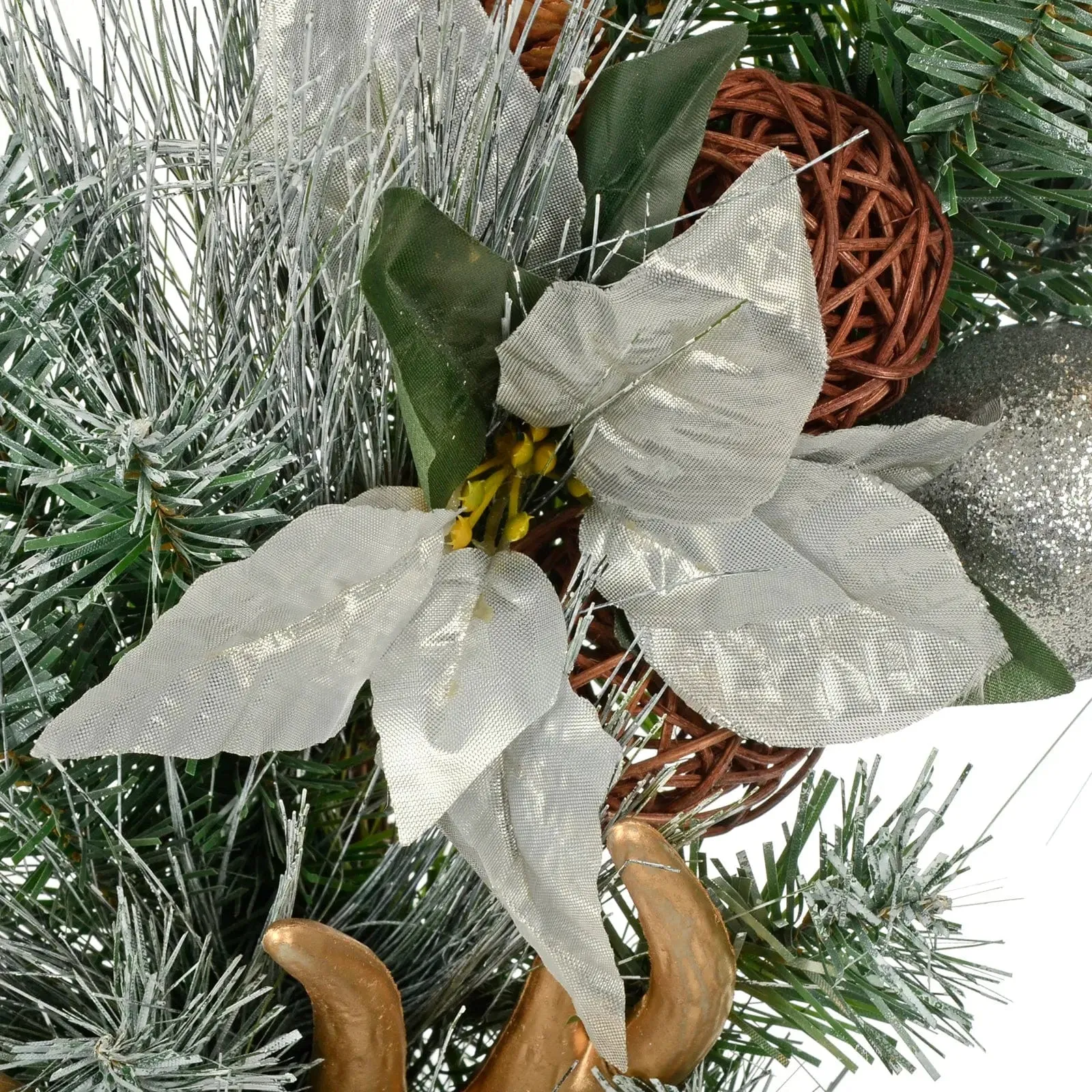 Gold Silver Christmas Wreath Frosted Pine Antlers Flowers 60cm