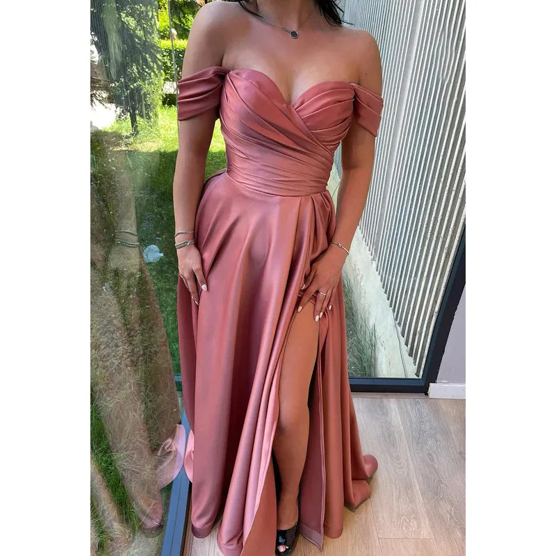 Gorgeous & Charming Cap Sleeves Side Slit Off-Shoulder A-line Slit Formal Prom Dress