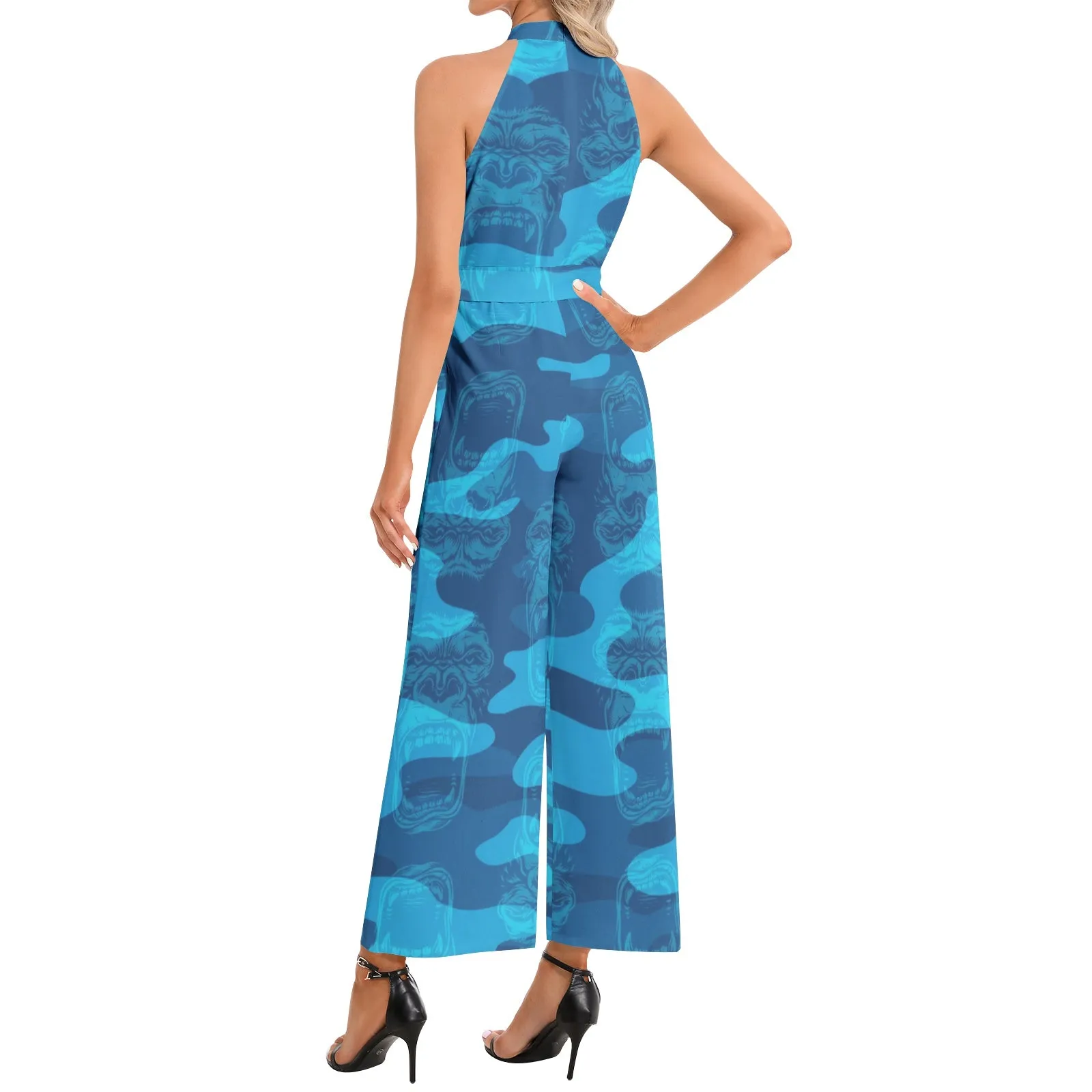 Gorilla Camo Halter Neck Buckle Belted Jumpsuit