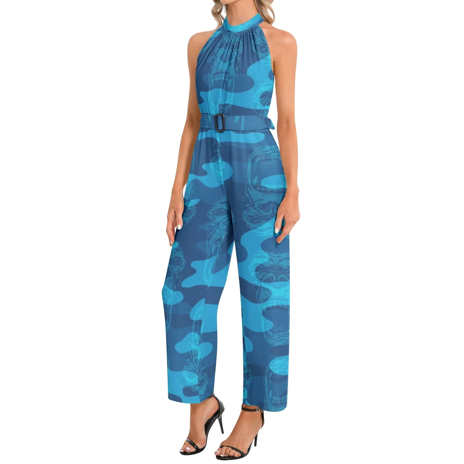 Gorilla Camo Halter Neck Buckle Belted Jumpsuit