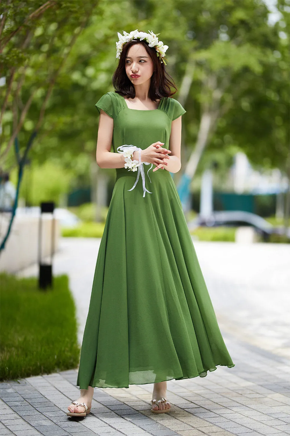 green chiffon dress, elegant prom dress 2190