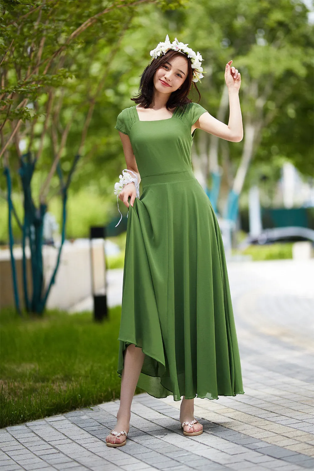 green chiffon dress, elegant prom dress 2190