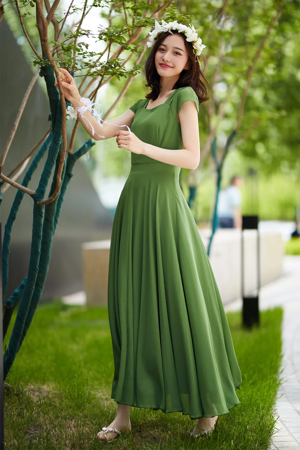 green chiffon dress, elegant prom dress 2190