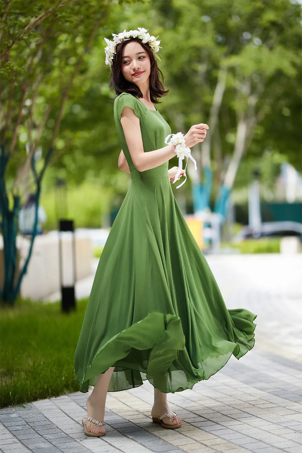 green chiffon dress, elegant prom dress 2190