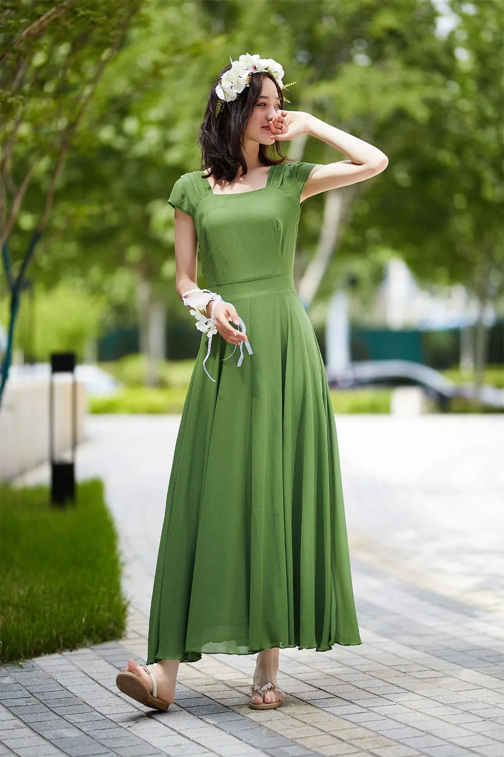 green chiffon dress, elegant prom dress 2190