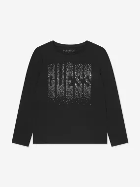 Guess Girls Long Sleeve Diamante T-Shirt in Black