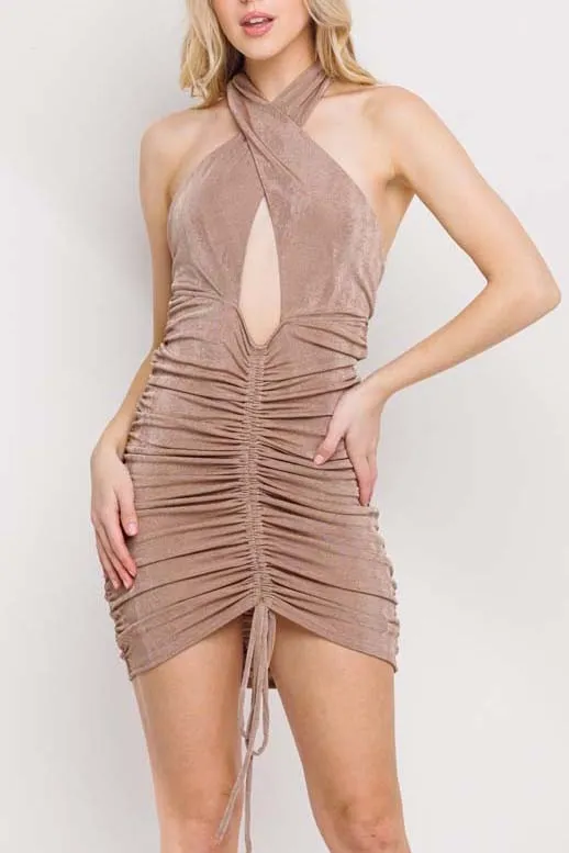 HALTER NECK FRONT CUTOUT SLINKY DRESS