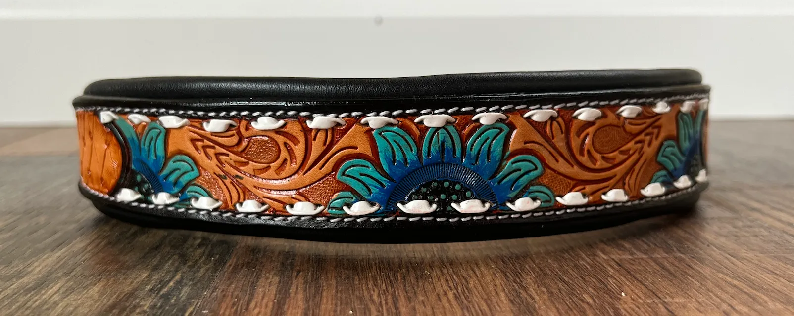 Handcrafted Padded Leather Tooled Dog Collar Blue Sunflower