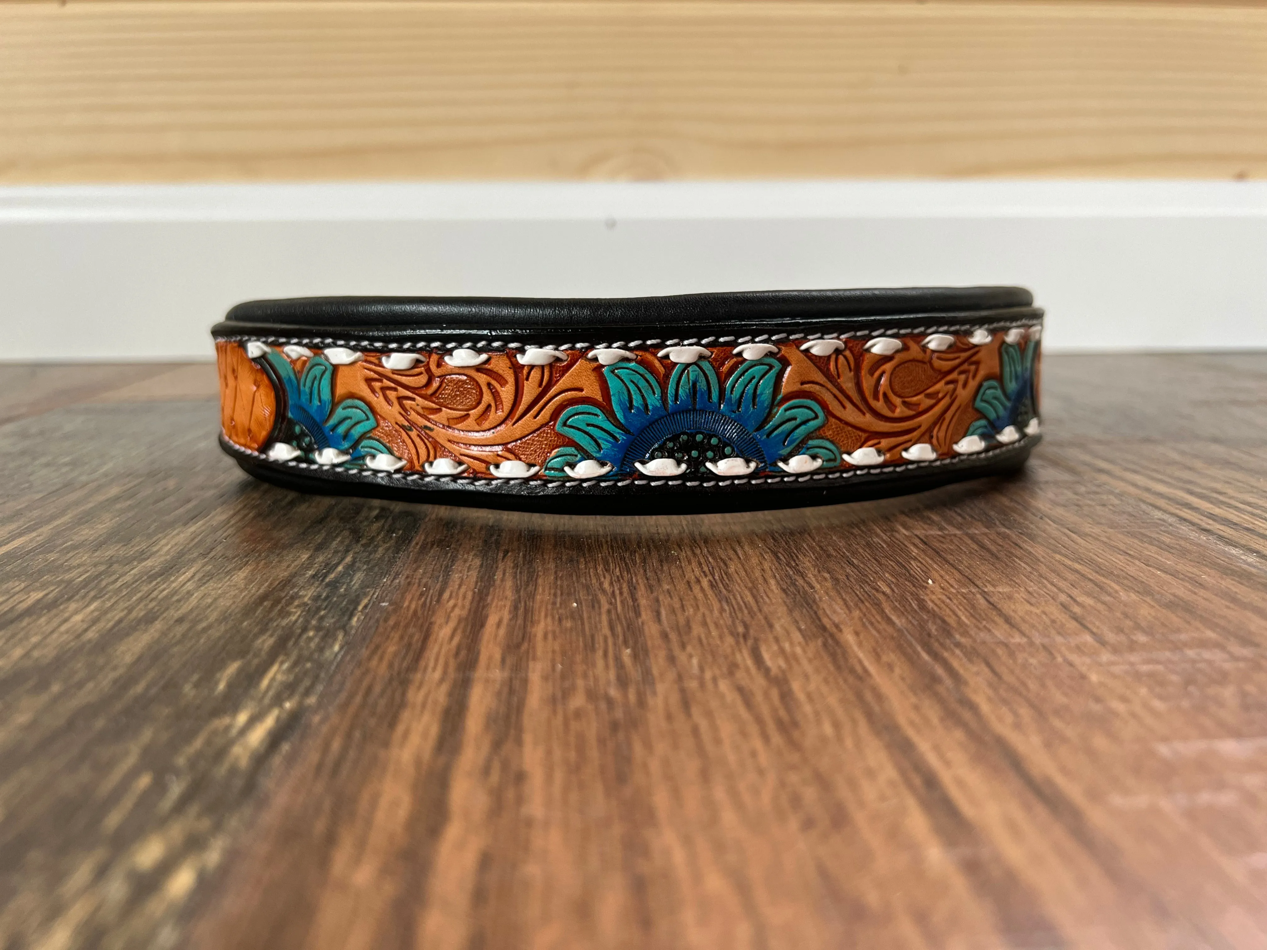 Handcrafted Padded Leather Tooled Dog Collar Blue Sunflower