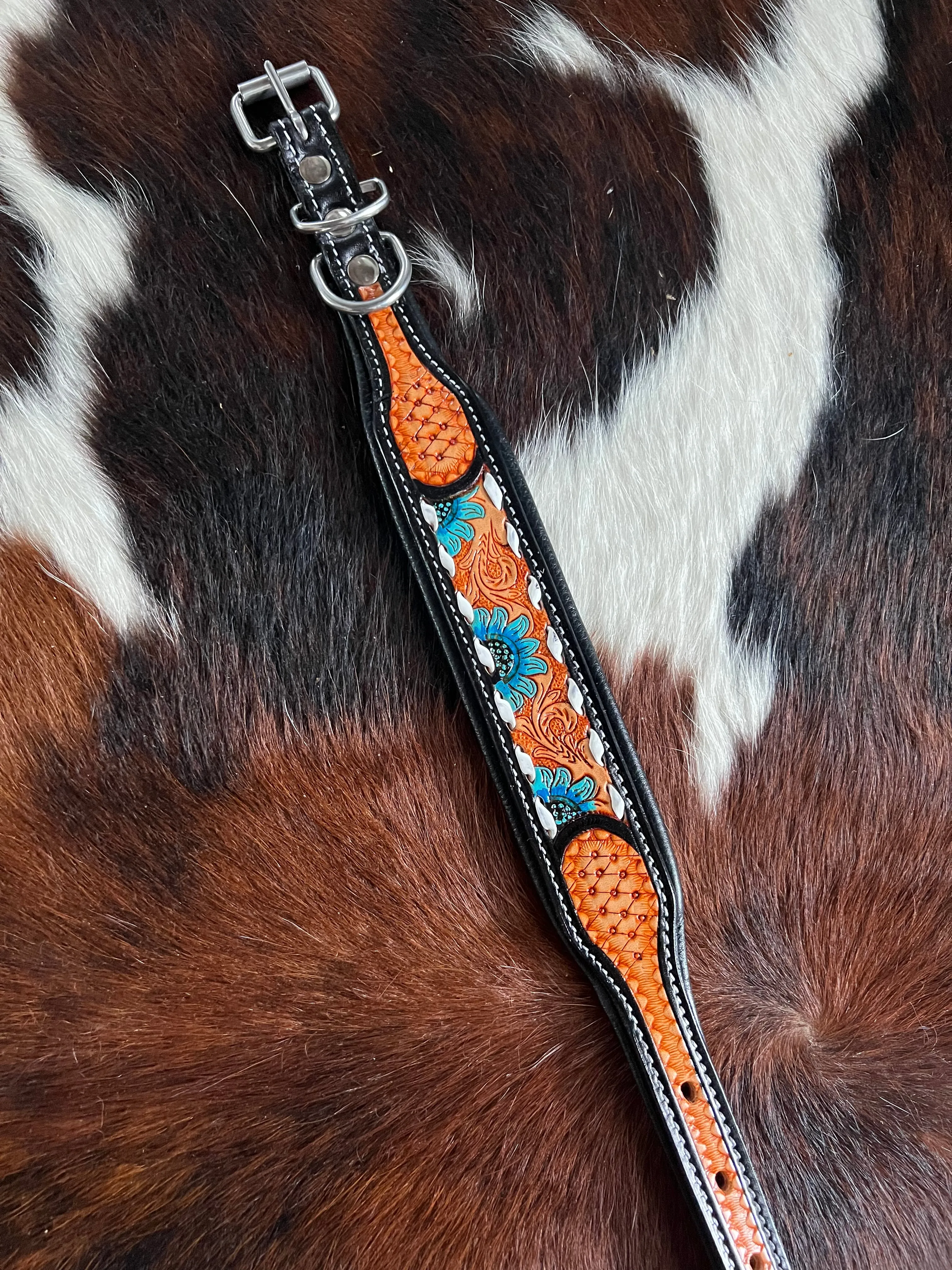 Handcrafted Padded Leather Tooled Dog Collar Blue Sunflower