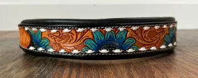 Handcrafted Padded Leather Tooled Dog Collar Blue Sunflower