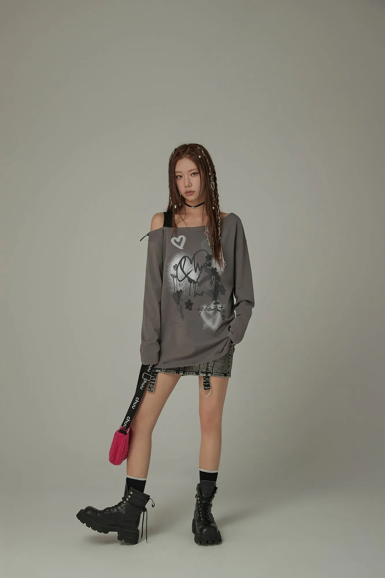 Heart Logo One Shoulder Long Sleeve T-Shirt