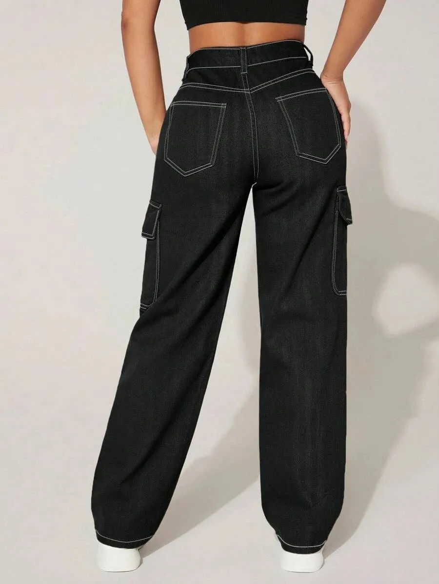 High Waist Easy Wear Flap Pocket Cargo Jeans