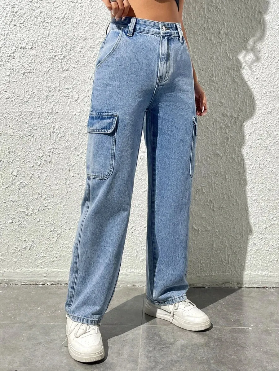 High Waist Easy Wear Flap Pocket Cargo Jeans