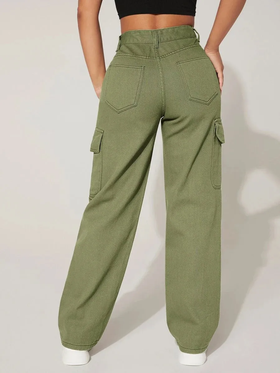 High Waist Easy Wear Flap Pocket Cargo Jeans