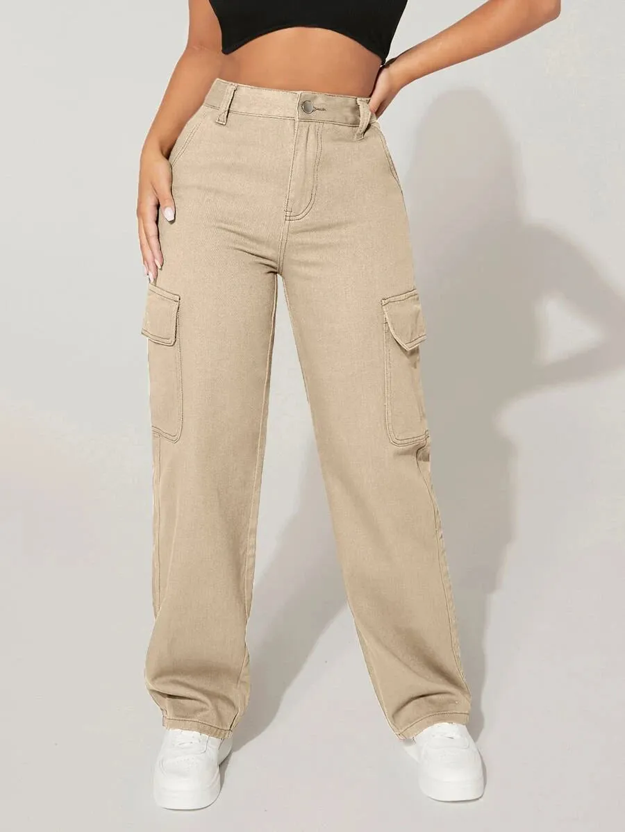 High Waist Easy Wear Flap Pocket Cargo Jeans