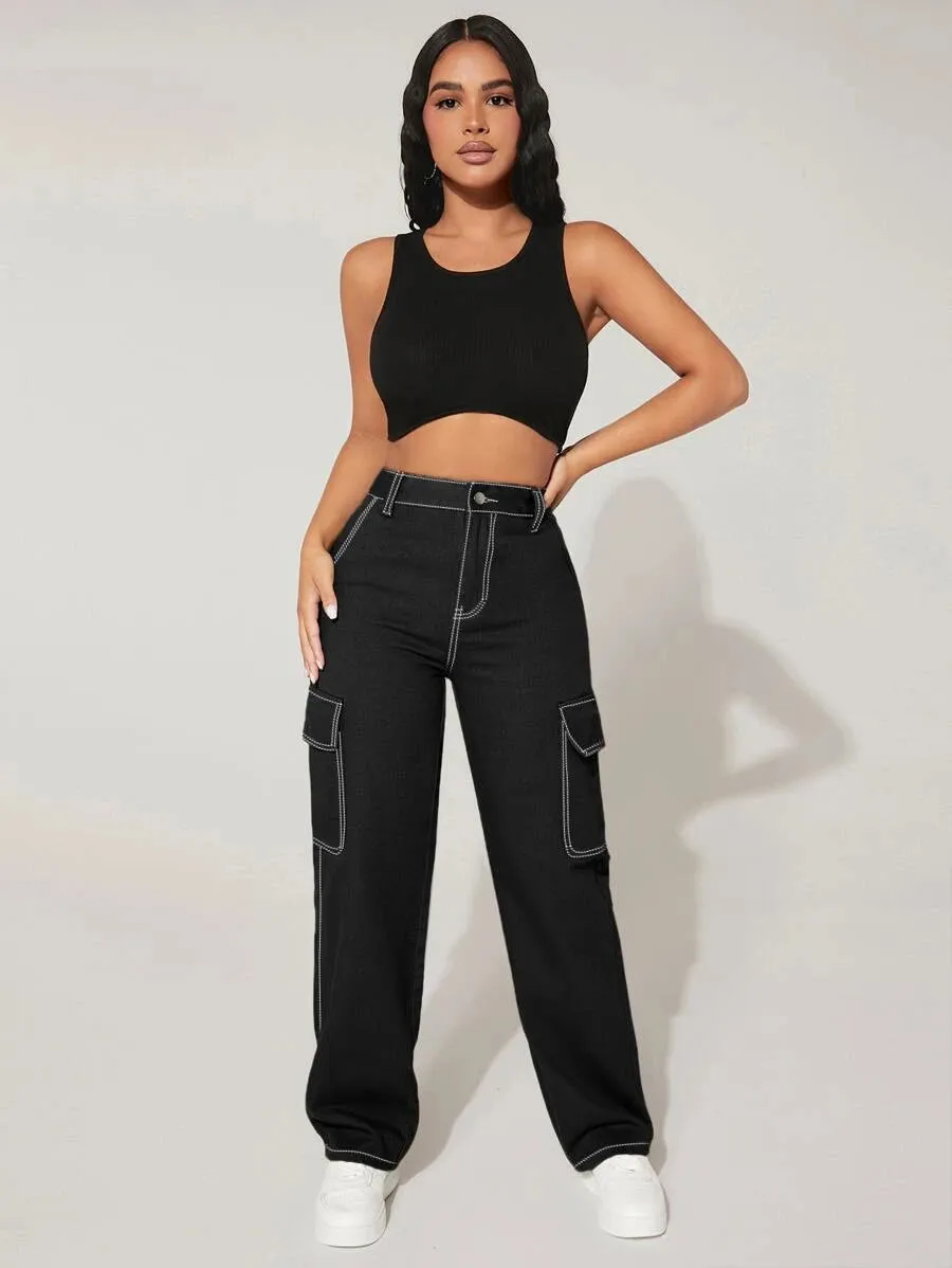 High Waist Easy Wear Flap Pocket Cargo Jeans