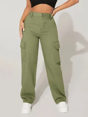 High Waist Easy Wear Flap Pocket Cargo Jeans